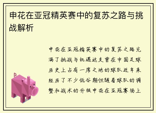 申花在亚冠精英赛中的复苏之路与挑战解析